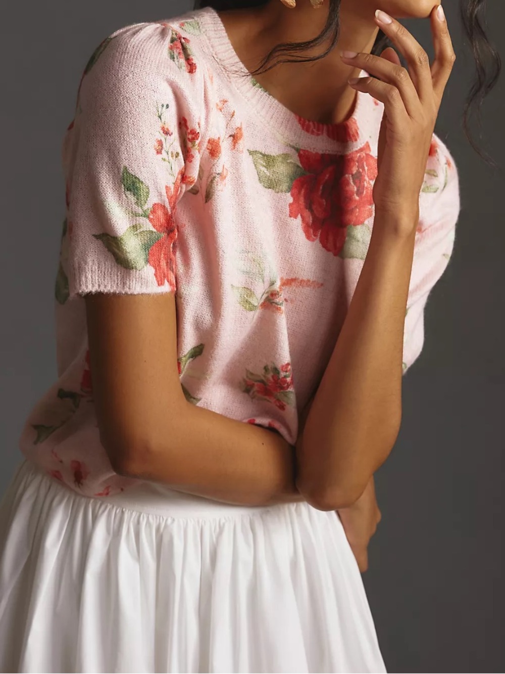 Anthropologie Mollie Blush Pink Floral Short-Sleeve Knit Tee